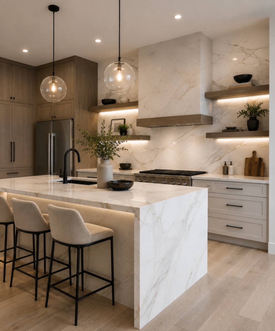Refined tile and marble interior with a warm, natural palette