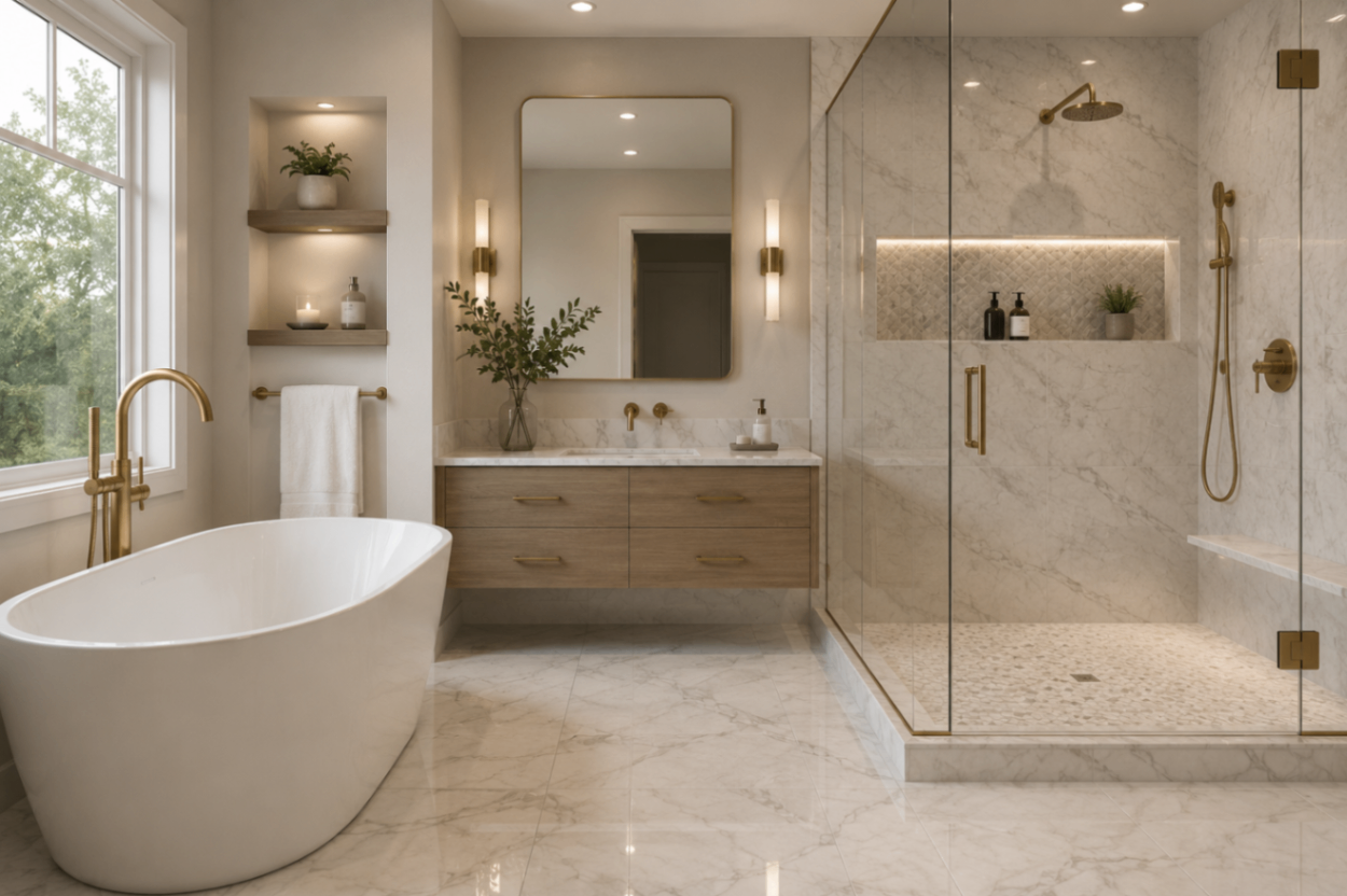 Marble spa bathroom with a glass shower, freestanding tub, and brass fixtures